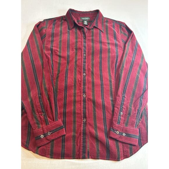 Lauren Ralph Lauren Shirt Womens Large Red Corduroy Striped Long‎ Sleeve Ladies - Picture 1 of 9